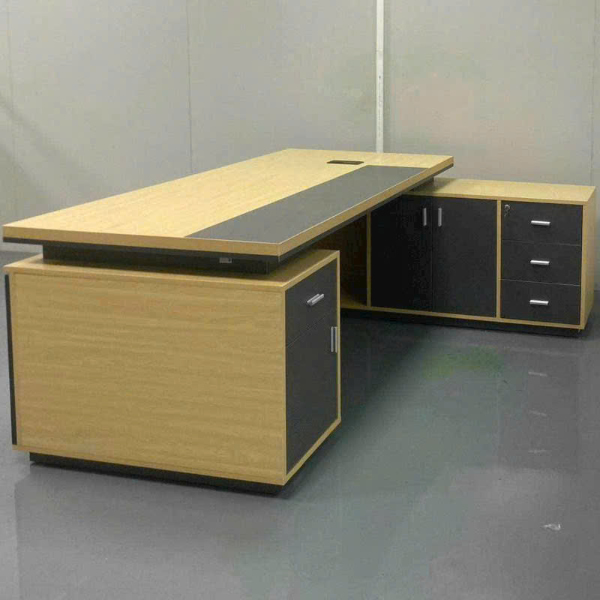 Bàn giám đốc gỗ vàng xám chữ L sang trọng và tiện ích