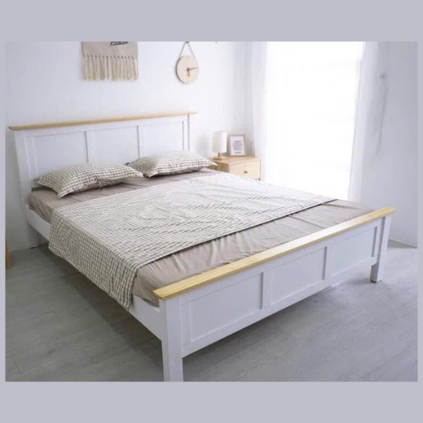 Giường ngủ gỗ công nghiệp phong cách Bắc Âu màu trắng phối viền gỗ sáng