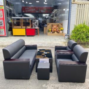 Bộ sofa da màu đen khung gỗ hiện đại thiết kế vuông sang trọng