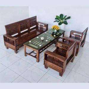 Bộ salon gỗ sồi tự nhiên màu óc chó sang trọng, thiết kế hiện đại tinh tế với bàn kính