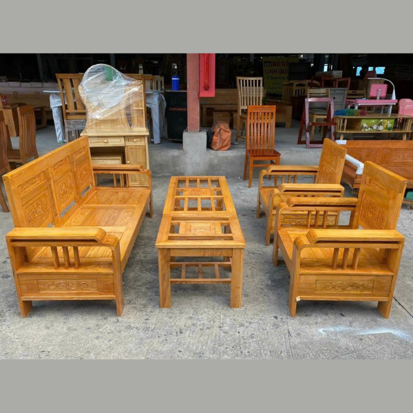 Salon gỗ sồi tự nhiên 5 món chạm họa tiết truyền thống thiết kế chắc chắn