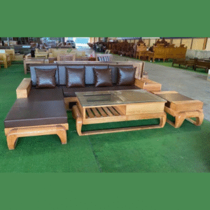 Salon gỗ sồi chữ L lót nệm da cao cấp thiết kế hiện đại tinh tế